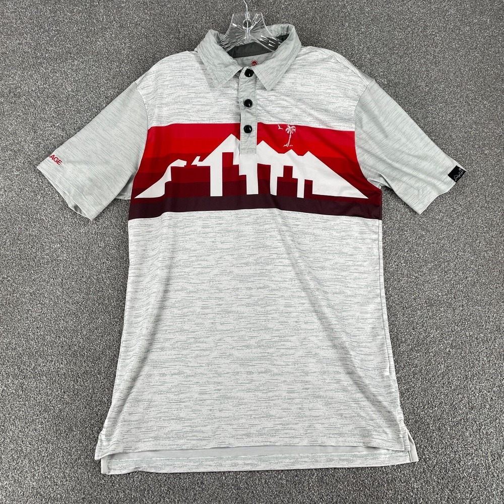 Sunday Crew Polo Shirt Adult Small Gray Red Mountain Skyline Golf UV Mens